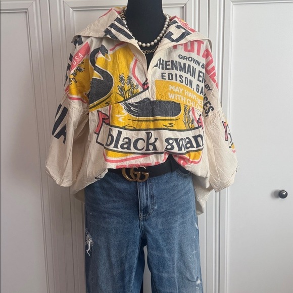 Vintage Flour Sack Boho Top Black Swan - Picture 2 of 9